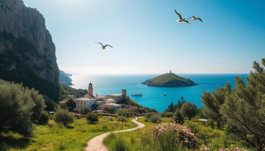 Orak Adas Island, a picturesque Turkish paradise, bathed in warm Mediterranean sunlight. A lush, verdant landscape unfolds, framed by towering cliffs and a glistening turquoise sea. In the foreground, a winding path leads visitors through fragrant olive groves and wildflower meadows, inviting exploration. The middle ground showcases the island's charming white-washed buildings, nestled between ancient stone walls and a historic lighthouse. Seagulls soar gracefully overhead, while a small fishing boat drifts peacefully in the tranquil waters. The overall atmosphere exudes a sense of serene tranquility, perfectly capturing the essence of an Orak Adas Island visit.