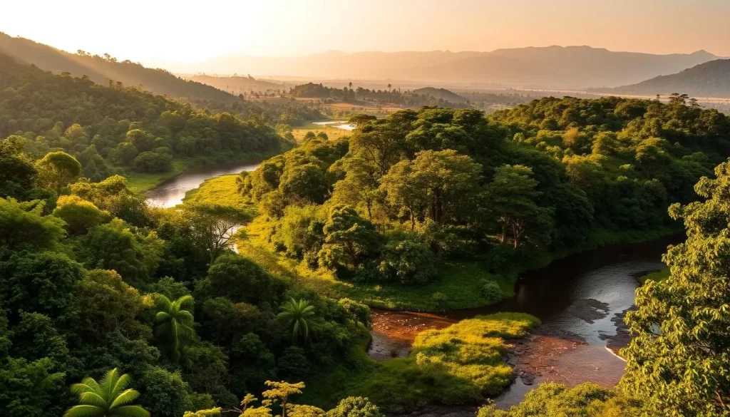 Oti-Kéran National Park, Togo - a lush, verdant landscape teeming with diverse wildlife. Capture the essence of this photographic paradise with an expansive vista showcasing the park's rolling hills, dense forests, and shimmering waterways. In the foreground, a winding river cuts through the verdant foliage, its waters reflecting the golden rays of the sun. In the middle ground, towering trees with thick canopies provide a natural sanctuary for a variety of exotic birds and primates. The background features majestic mountains, their peaks shrouded in a dreamy, hazy atmosphere. Employ a wide-angle lens to accentuate the scale and grandeur of this natural wonder, while strategic lighting highlights the vibrant colors and textures of the environment. The overall mood is one of serene tranquility, inviting the viewer to immerse themselves in the captivating beauty of Oti-Kéran National Park.