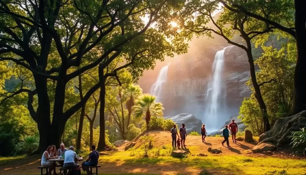 Oti-Kéran National Park, a lush natural haven in Togo, comes alive with vibrant activities. In the foreground, families enjoy a picnic under the shade of towering trees, surrounded by the peaceful ambiance. In the middle ground, hikers traverse winding trails, marveling at the diverse flora and fauna. In the background, a captivating waterfall cascades over rocky cliffs, creating a serene and tranquil atmosphere. The warm, golden sunlight filters through the canopy, casting a gentle glow over the entire scene. This idyllic setting invites visitors to immerse themselves in the beauty and wonder of Oti-Kéran National Park.