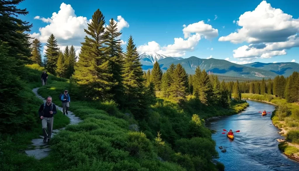Outdoor activities in a lush North Carolina landscape on a sunny day. In the foreground, hikers trekking along a winding, rocky trail through dense, verdant foliage. In the middle ground, kayakers paddling down a tranquil, winding river, surrounded by towering pine trees. In the background, a majestic, snow-capped mountain range under a brilliant blue sky with fluffy, white clouds. Warm, diffused natural lighting illuminates the scene, creating a serene and inviting atmosphere.