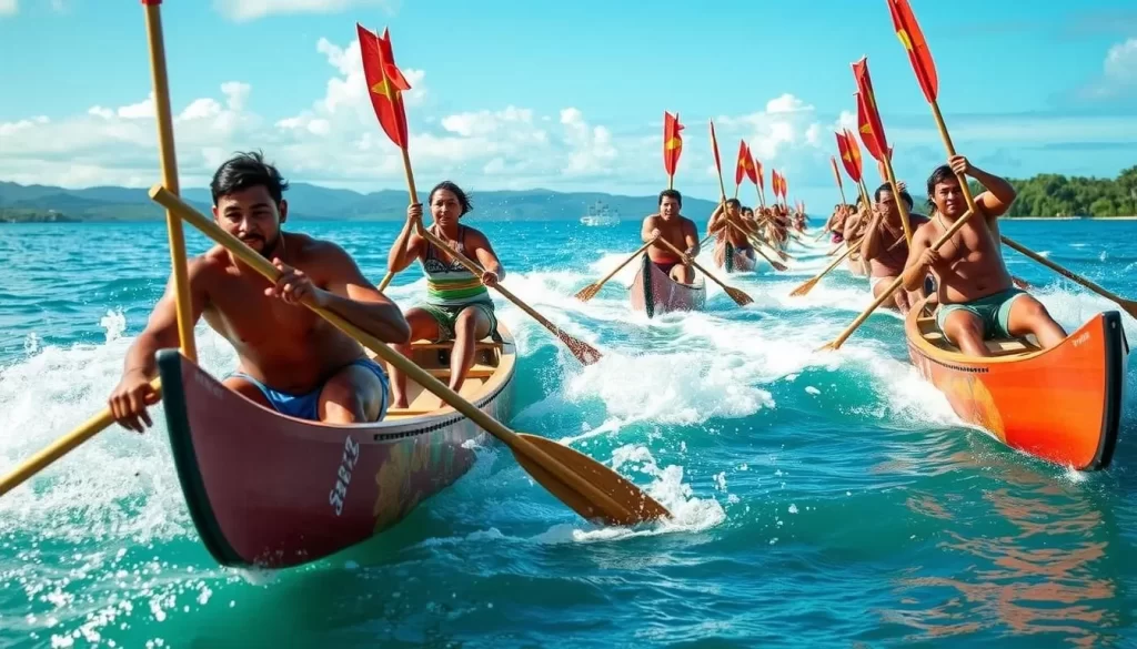 Outrigger canoe racing at Vaka Eiva Festival in Rarotonga, Cook Islands