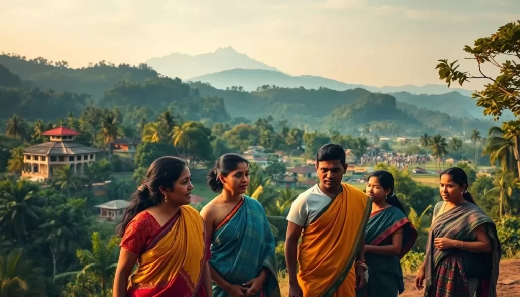 Painterly landscape depicting the lush forests and rolling hills of Assam, India. In the foreground, a group of Indigenous people in traditional attire, engaged in conversation, their expressions conveying the cultural richness and linguistic diversity of the region. The middle ground showcases local architecture and a bustling village scene, hinting at the everyday challenges faced by endangered language communities. In the distant background, a hazy mountain range, symbolizing the resilience and preservation efforts to safeguard these vulnerable tongues. Soft, warm lighting illuminates the scene, creating an atmosphere of quiet contemplation. Captured with a wide-angle lens to encompass the multifaceted narrative.
