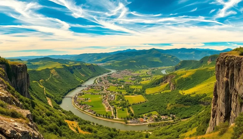 Panoramic landscape of the majestic Rhine Valley, captured on a picturesque summer day. Rolling green hills dotted with quaint villages, the winding river snaking through the verdant scenery. Towering cliffs and rocky outcrops frame the scene, casting dramatic shadows and creating a sense of depth and scale. The sky is a brilliant blue, with wispy clouds drifting lazily overhead, illuminating the valley with warm, golden light. The composition showcases the breathtaking natural beauty of this serene region, inviting the viewer to immerse themselves in the tranquil and awe-inspiring panorama.