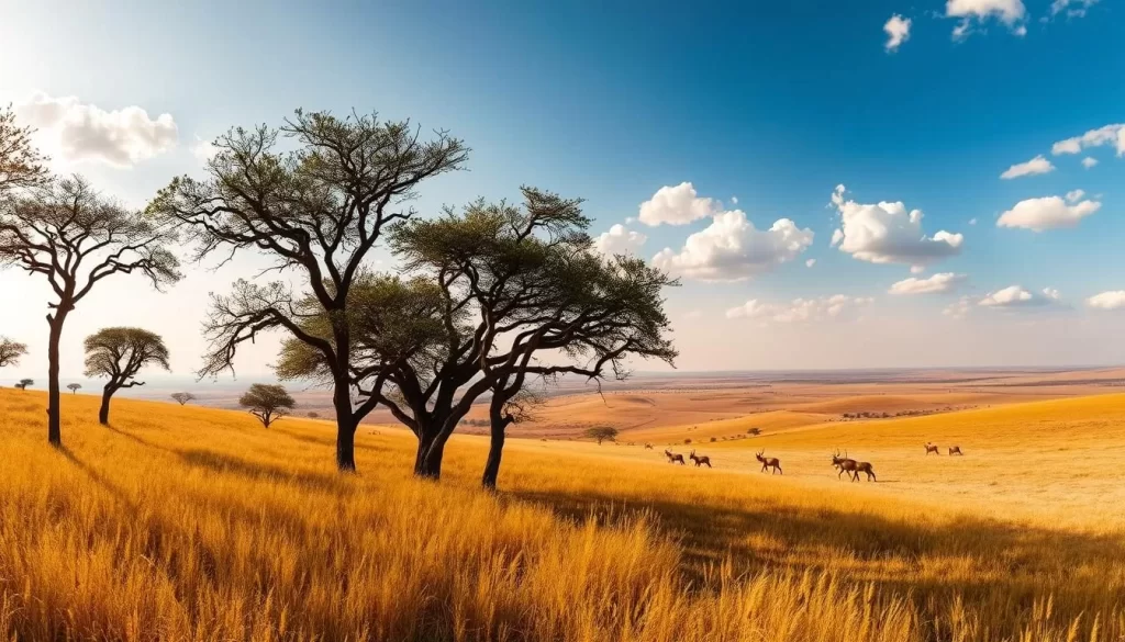 Panoramic savanna landscapes, stretching out under a warm, golden light. In the foreground, towering acacia trees cast gentle shadows across the tall, golden grasses. The middle ground reveals a herd of grazing gazelles, their sleek forms moving with effortless grace. In the distance, rolling hills fade into a hazy horizon, capped by a vast, azure sky dotted with fluffy white clouds. The scene exudes a sense of tranquility and timeless beauty, inviting the viewer to immerse themselves in the majesty of the African savanna.