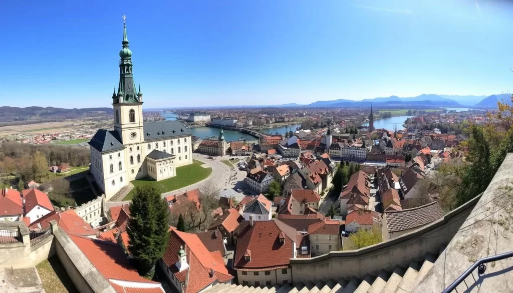 Panoramic view of the historic town of Steyr, Austria, from the staircase of the Michaelerkirche. Capture the majestic Schloss Lamberg and the picturesque Old Town with its colorful Baroque architecture nestled along the confluence of the Enns and Steyr rivers. Depict the scene on a bright, sunny day with warm, directional lighting casting soft shadows. Use a wide-angle lens to showcase the breathtaking vista in its full splendor, highlighting the stunning natural setting and rich architectural heritage of this enchanting Austrian destination.
