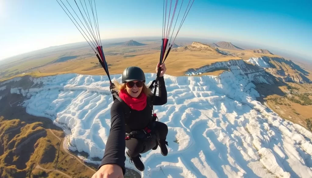 Paragliding over Pamukkale's travertines with a professional instructor