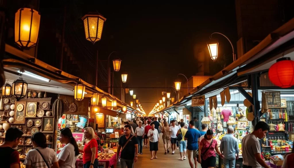 Pasar Karat Night Market, Johor, Malaysia - a bustling outdoor bazaar under the warm glow of lanterns and street lamps. Stalls filled with an eclectic array of vintage trinkets, antique treasures, and handcrafted goods line the lively alleyways. The air is fragrant with the aroma of sizzling street food as shoppers browse, barter, and immerse themselves in the energetic nightlife. Capture the vibrant atmosphere with a wide-angle lens, showcasing the dynamic interplay of light and shadow, the crowds of eager bargain-hunters, and the mesmerizing tapestry of colors, textures, and cultural offerings that define this quintessential Malaysian night market experience.