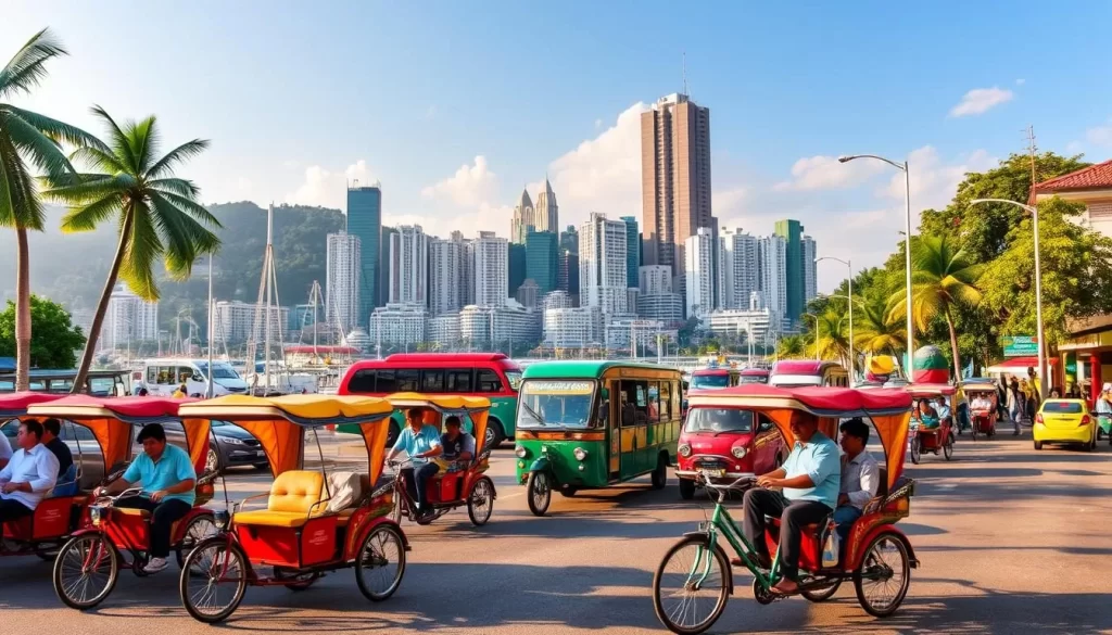 Penang Island at its finest, a bustling harbor filled with vibrant local transportation. In the foreground, colorful trishaw bicycles glide effortlessly, carrying passengers through the charming historic streets. In the middle ground, vintage-inspired bus and car models dot the scene, reflecting the island's rich cultural heritage. In the background, lush tropical foliage and towering skyscrapers create a dynamic skyline, bathed in warm, golden light. Capture the essence of Penang's "Pearl of the Orient" with this captivating vista, showcasing the diverse and captivating modes of travel that define this enchanting Malaysian destination.