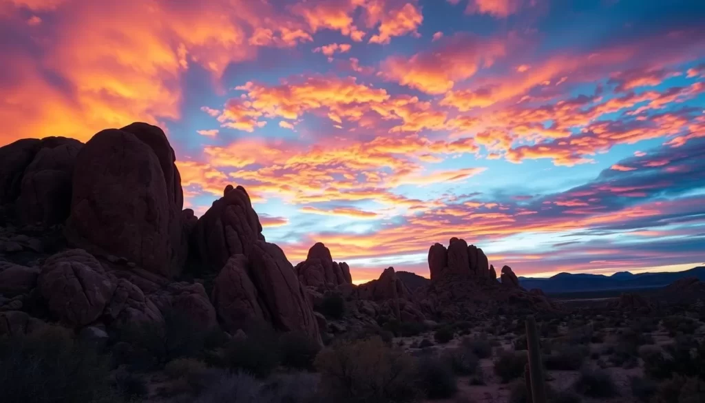 Picture Javelina Rocks at sunset, with the sky ablaze in hues of orange and pink.