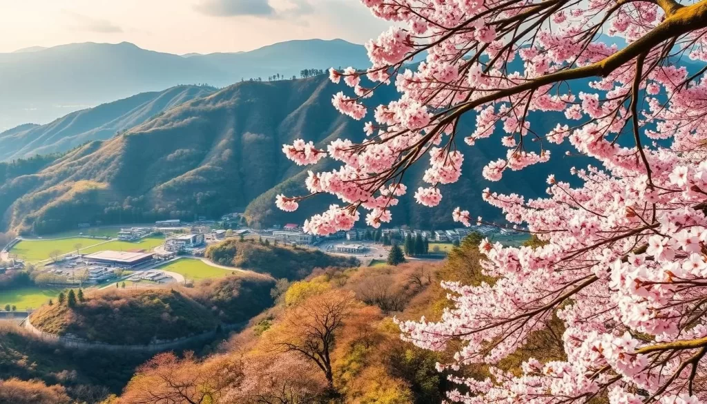 Picture the stunning scenery of Yangmingshan National Park during the cherry blossom season.