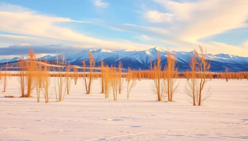 Picturesque Turkmenistan winter landscape bathed in soft, golden light. A vast, snow-covered plain stretches out, dotted with tall, slender trees with delicate, bare branches. In the distance, majestic, snow-capped mountains rise up, their peaks piercing the clear, azure sky. Wispy clouds drift lazily overhead, casting gentle shadows on the pristine, white landscape below. The scene exudes a sense of tranquility and serene beauty, inviting the viewer to imagine the peaceful, winter wonderland of Turkmenistan.