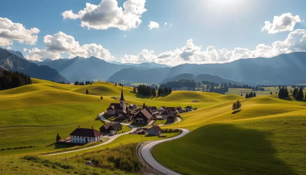 Picturesque countryside of Upper Austria, Austria, on a warm sunny day. Rolling hills and lush green meadows framed by majestic mountains in the background. A quaint traditional village nestled amidst the landscape, with charming red-roofed houses and church steeples. Narrow winding roads lead through the scene, inviting exploration. Sunlight filters through fluffy white clouds, casting a soft, golden glow over the entire vista. The atmosphere is serene and peaceful, capturing the enchanting charm of this scenic region.
