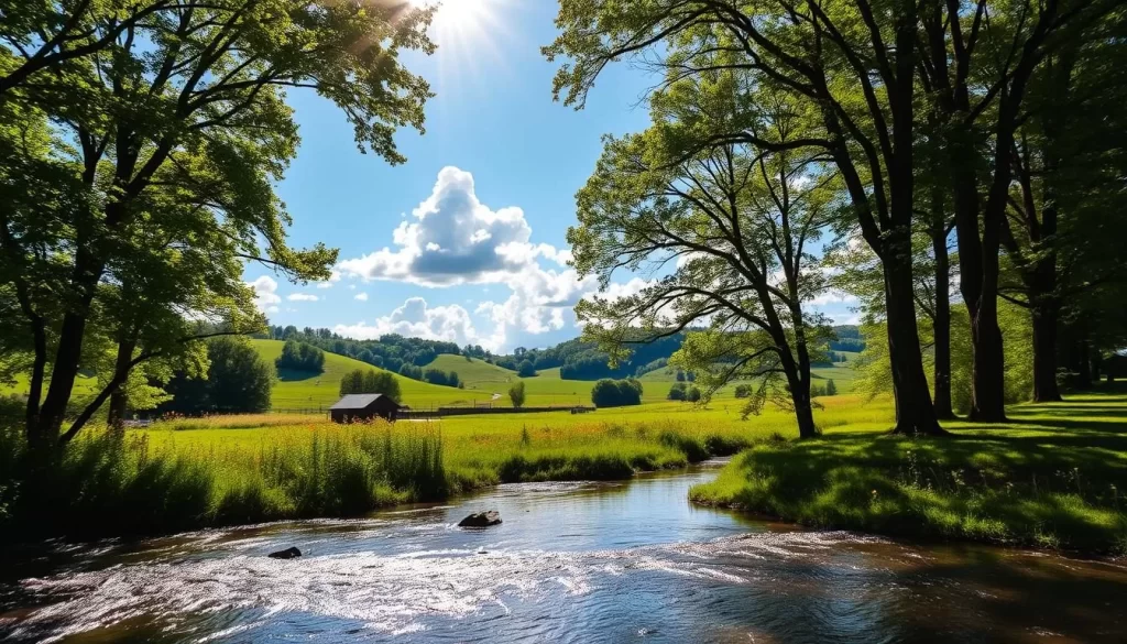 Picturesque summer day in Pennsylvania, with warm sunlight dappling through lush green foliage. Rolling hills and meadows in the middle ground, dotted with vibrant wildflowers. In the foreground, a tranquil stream or river, its crystal-clear waters reflecting the blue sky and fluffy clouds above. Towering deciduous trees line the banks, casting gentle shadows. A peaceful, pastoral scene that captures the essence of a quintessential Pennsylvania summer.