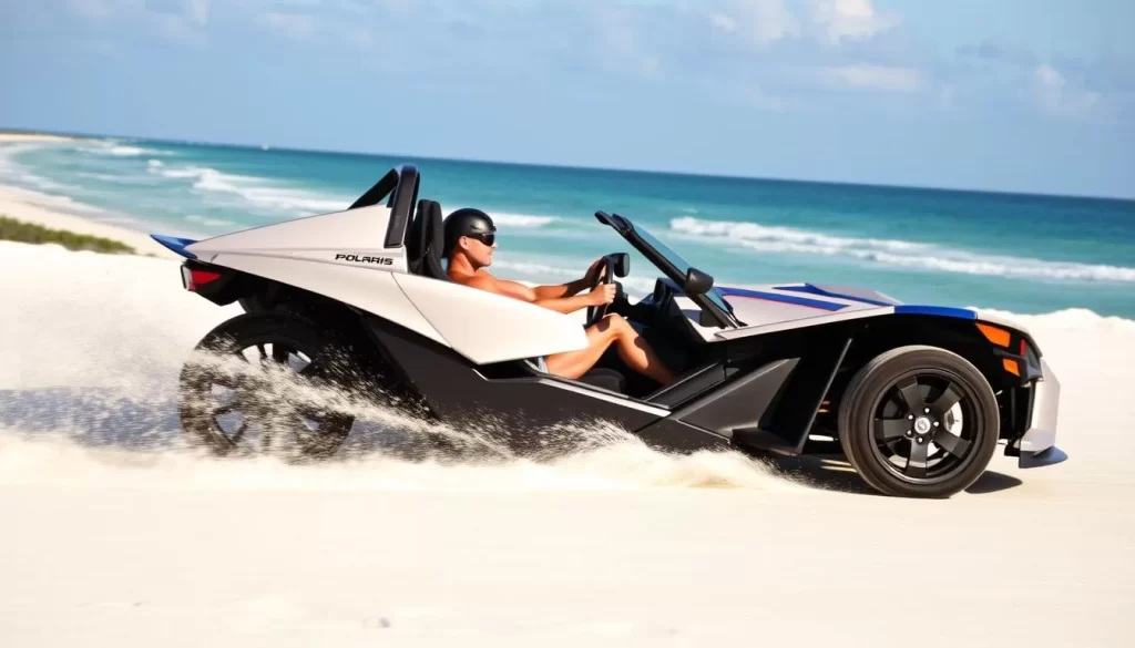 Polaris Slingshot rental in Orange Beach, Alabama, driving along the coast