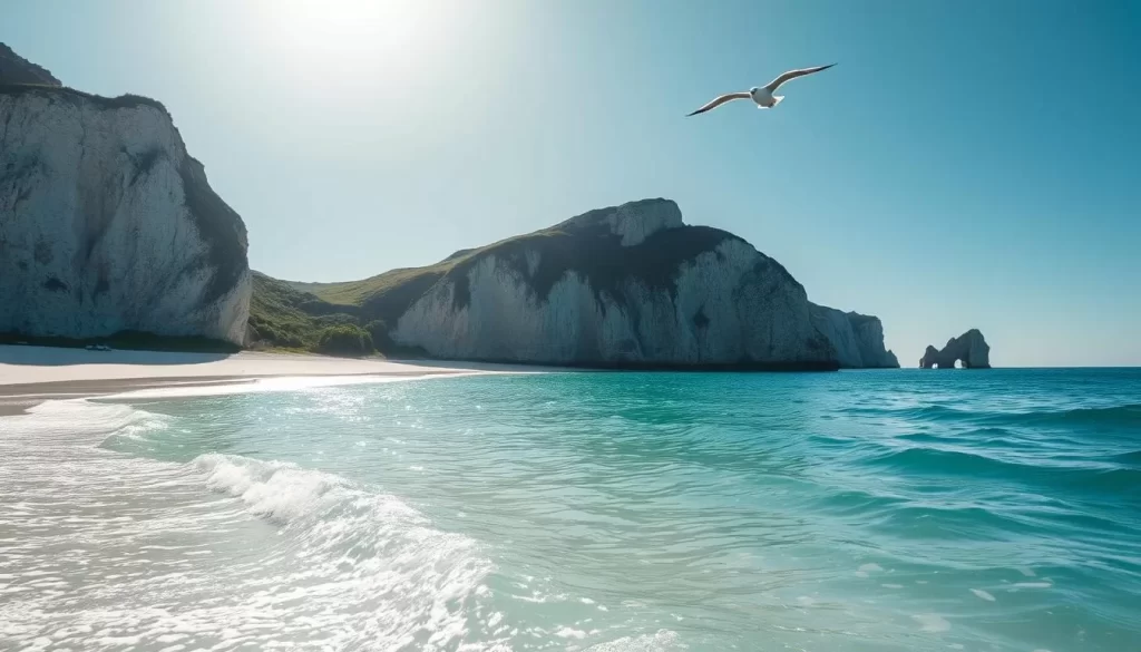 Pristine white sand beaches flanked by towering cliffs, gently lapped by azure waves under a cloudless sky. Sunlight dances on the water's surface, casting a warm glow over the tranquil scene. In the distance, lush green foliage lines the shore, creating a picturesque contrast. A lone seagull soars overhead, its graceful movements accentuating the serene atmosphere. The composition captures the essence of coastal beauty, inviting the viewer to immerse themselves in the calming splendor of the natural landscape.