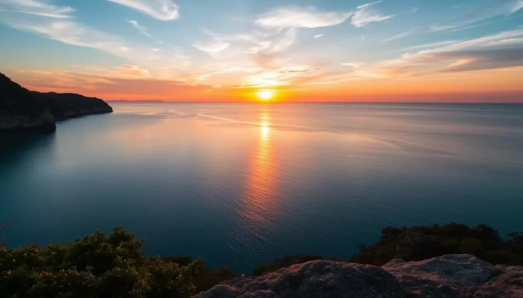 Promthep Cape at sunset with the sun sinking into the Andaman Sea