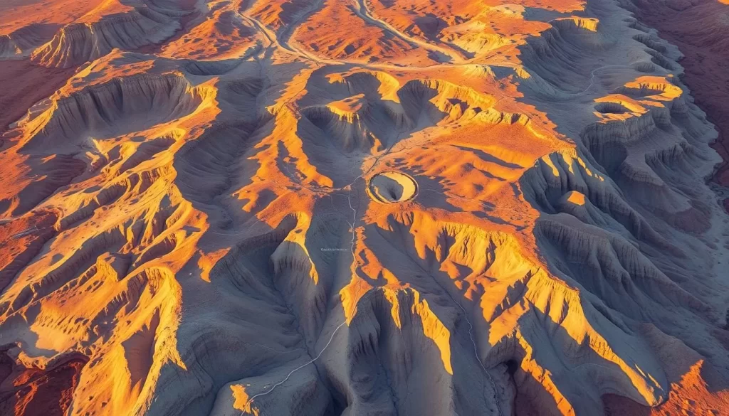 Realistic overhead map of Escalante Petrified Forest State Park in Utah, USA. Detailed topographical landscape showing the park's natural features like canyons, rock formations, and petrified wood deposits. Showcase the park's geographical location and accessibility with roads and trails clearly marked. Warm, golden afternoon lighting casts long shadows, creating a sense of depth and drama. Photograph taken with a wide-angle lens to capture the expansive scenery. Convey the park's picturesque and remote setting amidst the rugged high desert environment.