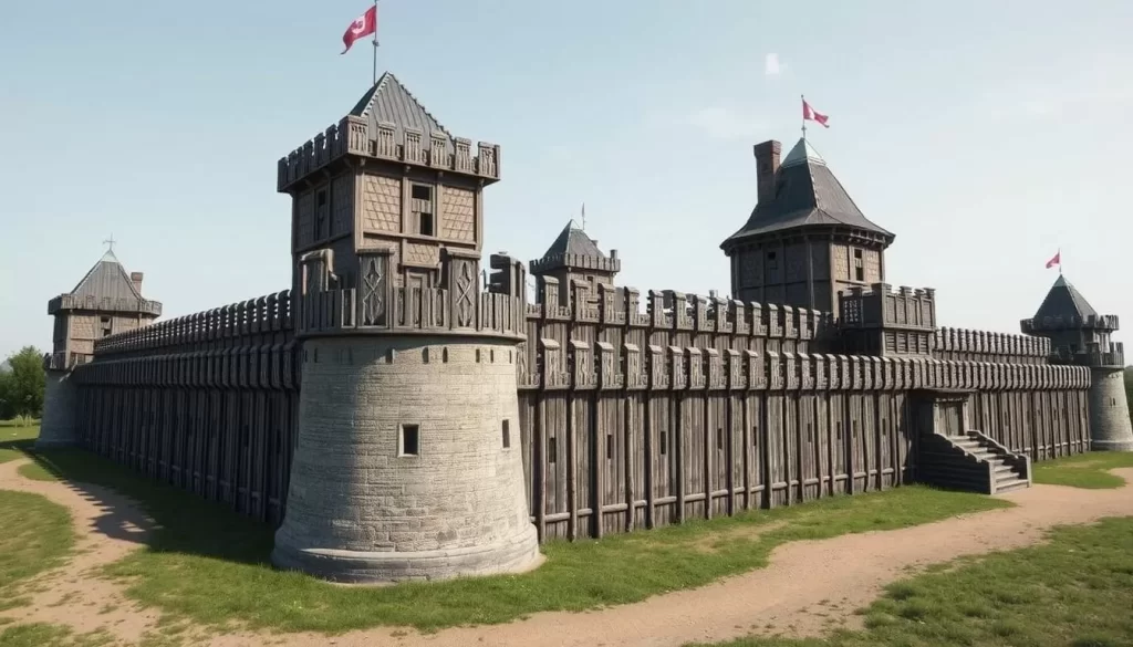 Reconstructed 18th-century French fort with wooden palisades and bastions