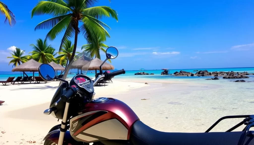 Rent a motorbike in Phuket with a scenic beach background