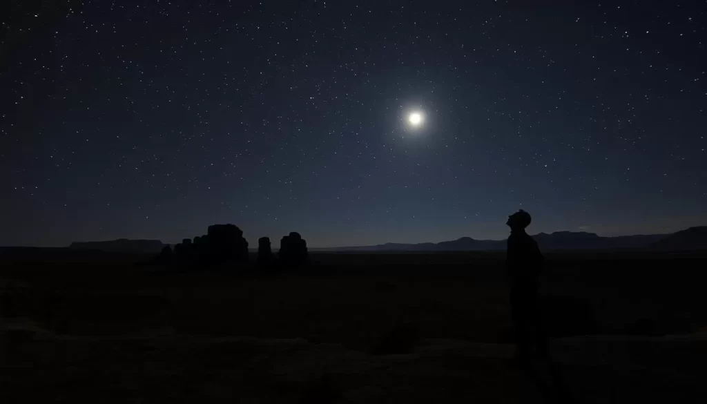 Richtersveld National Park at night, a vast, rugged landscape under a blanket of twinkling stars. In the foreground, a lone figure gazes upwards, captivated by the awe-inspiring celestial display. The middle ground features the park's unique, sculptural rock formations, silhouetted against the inky sky. The background stretches into the distance, a boundless expanse of untamed wilderness. Soft, moonlit illumination casts a serene glow, evoking a sense of tranquility and wonder. Capture the magic of this untamed haven, where nature and the cosmos converge in perfect harmony.