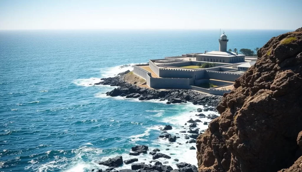 Robben Island Maximum Security Prison, a sprawling complex nestled on a windswept island off the coast of Cape Town. Capture the imposing grey walls, the turrets guarding the perimeter, and the vast expanse of the sea beyond. Depict the bright, sun-dappled day, with gentle waves lapping against the rocky shores. Highlight the architectural details, the towering watchtowers, and the sense of isolation that permeates this historic site. Convey the solemn atmosphere, the weight of history, and the resilience of the human spirit that this place embodies. Craft the scene with a cinematic lens, emphasizing the scale and grandeur of this unique setting.