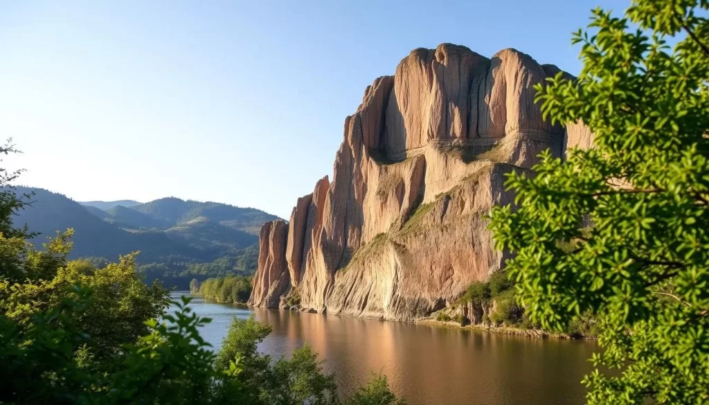 Rocher Bayard: a magnificent split rock formation rising from the Meuse River's banks in Dinant, Belgium. Sunlight casts warm, golden hues on the weathered, layered limestone cliffs. In the foreground, the river flows calmly, reflecting the dramatic, iconic rock face. Lush, verdant foliage frames the scene, adding depth and a sense of tranquility. Towering cliffs rise in the middle ground, their jagged edges and crevices sculpted by centuries of erosion. In the distance, the rolling hills of the Ardennes region provide a picturesque backdrop, enhancing the serene, picturesque atmosphere. Capture the legendary, awe-inspiring essence of this natural wonder with a crisp, high-resolution image.