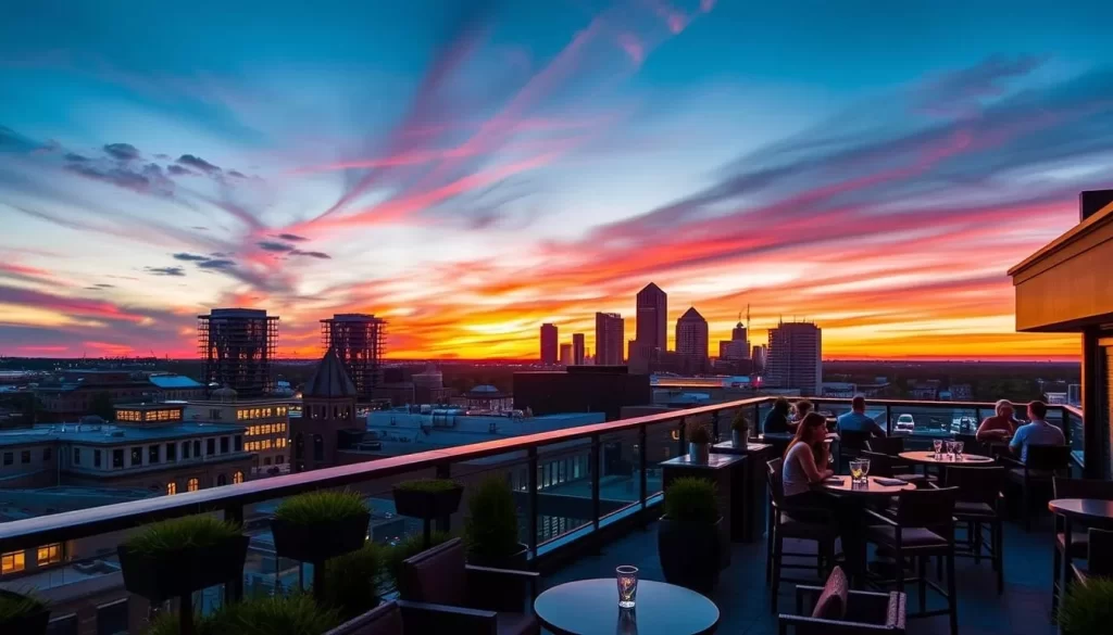 Rooftop bar with a view of Charleston's skyline at sunset, featuring craft cocktails.
