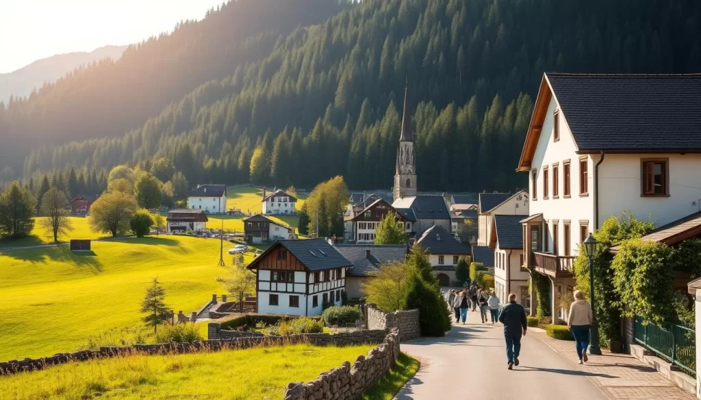 Ruggell, Liechtenstein: a picturesque village nestled in the northern hills, its quaint streets and historic structures bathed in warm sunlight. Capture the rolling meadows and lush forest backdrop, with the Ruggeller Ried nature reserve in the distance. Showcase the traditional architecture, from half-timbered houses to the imposing stone church spire. Depict locals strolling leisurely, immersed in the tranquil atmosphere. Utilize a wide-angle lens to showcase the breathtaking vistas, emphasizing the harmony between the built environment and the untamed natural surroundings. Convey a sense of peace, discovery, and the charm of this hidden gem in the heart of Europe.