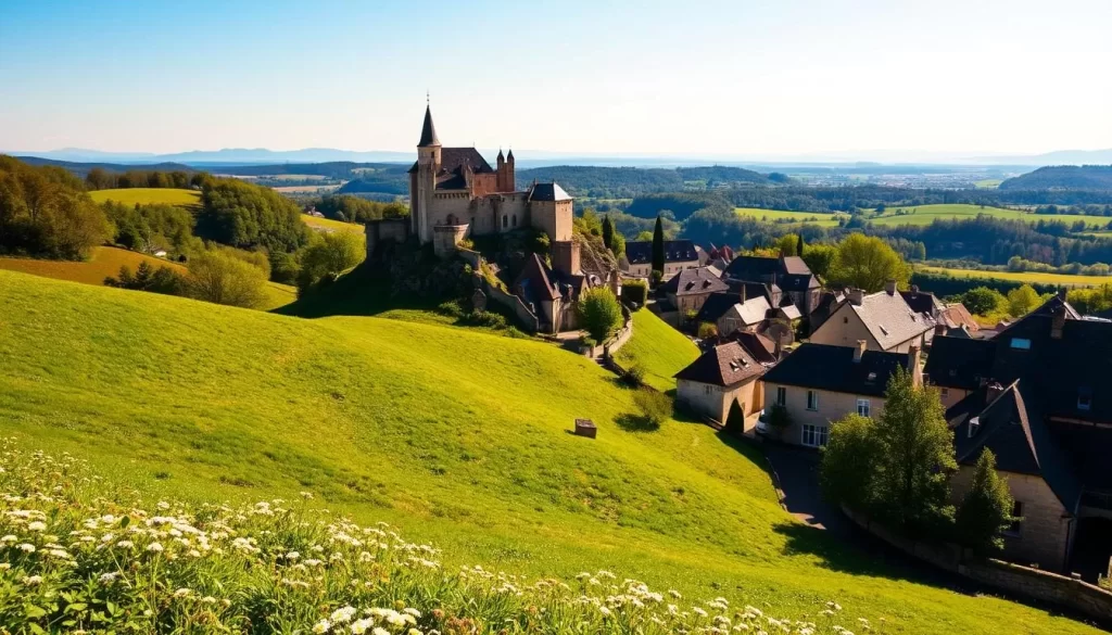 Scenic viewpoints around the charming town of Larochette, Luxembourg, on a bright, sunny day. In the foreground, rolling green hills dotted with wildflowers. A picturesque medieval castle perched atop a rocky outcrop, its towers and turrets casting long shadows. In the middle ground, quaint stone buildings and winding streets, bathed in the warm glow of the afternoon sun. The background reveals a panoramic vista of rolling hills and distant forests, hazy blue mountains rising on the horizon. Capture the peaceful, serene atmosphere of this idyllic landscape through a wide-angle lens, highlighting the natural beauty and historical charm of Larochette.
