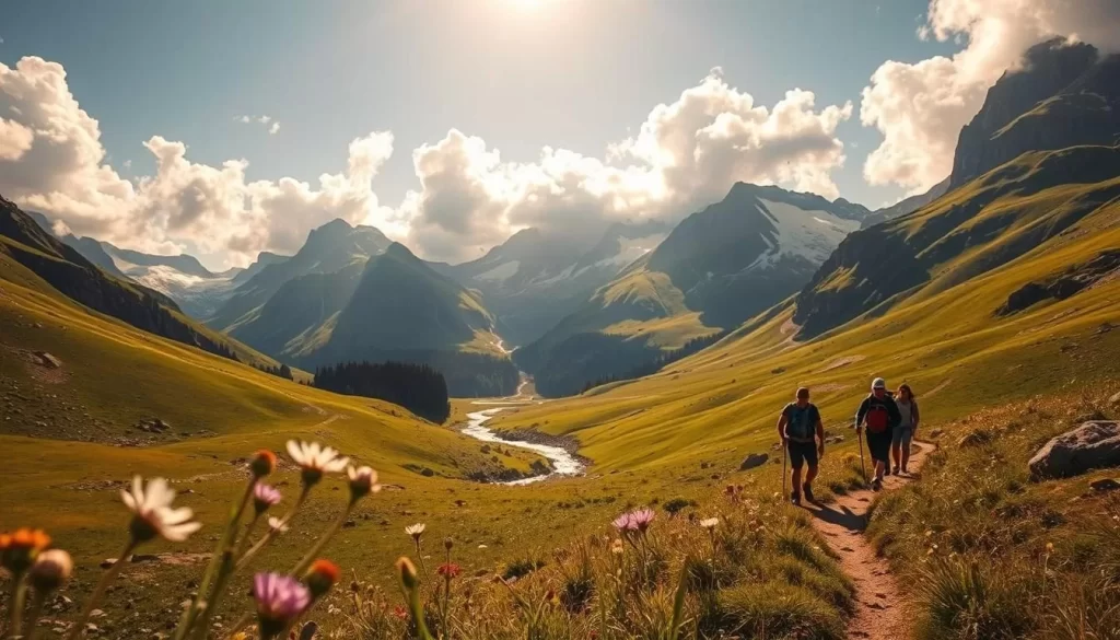 Scenic vista of a picturesque alpine landscape in St Anton am Arlberg, Austria. A group of hikers navigating a winding mountain trail, surrounded by towering snow-capped peaks and lush, verdant meadows. Warm, golden sunlight filters through fluffy clouds, casting a serene glow over the breathtaking scenery. In the foreground, wildflowers sway gently in a soft breeze. In the middle distance, a crystal-clear stream cuts through the landscape. The background is dominated by majestic, rugged mountains rising up to meet the boundless azure sky. An idyllic, peaceful summer day in the Austrian Alps.