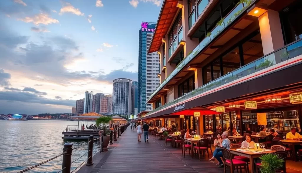 Scenic waterfront area with fine dining restaurants and family-friendly attractions in Johor Bahru.