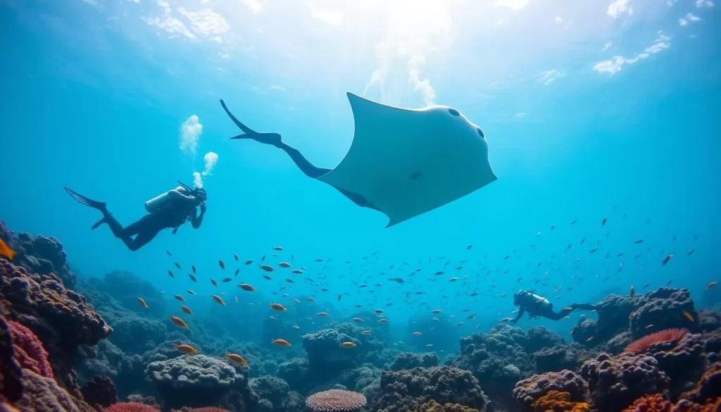 Scuba divers explore the vibrant coral reefs of the Andaman Islands, immersed in the warm, turquoise waters under a cloudless sky. Sunlight filters through the surface, illuminating the diverse marine life swimming around the divers. Vibrant schools of tropical fish dart between the intricate coral formations, while a manta ray glides gracefully in the distance. The divers, clad in their sleek black wetsuits, maneuver effortlessly, capturing the breathtaking underwater scenery with their cameras. The scene exudes a sense of tranquility and wonder, perfectly encapsulating the peak season paradise of the Andaman Islands.