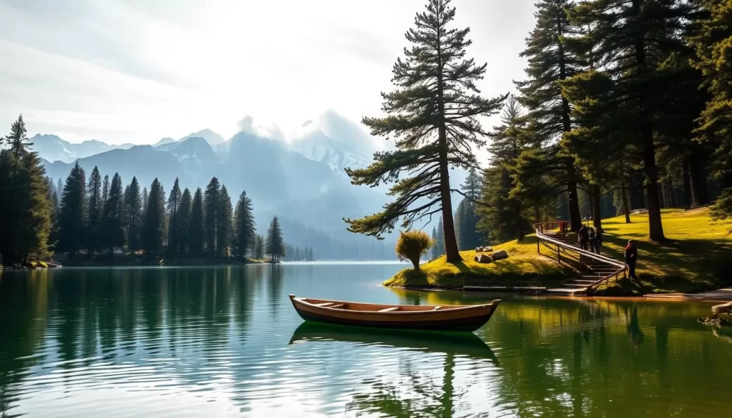Serene Chattrakund Lake nestled amidst snow-capped Himalayan peaks, its crystal clear waters reflecting the surrounding lush greenery. Soft sunlight dances on the surface, creating a warm, tranquil ambiance. In the foreground, a small wooden boat gently sways, inviting visitors to embark on a peaceful journey across the lake. Towering coniferous trees line the shores, their branches swaying in the gentle breeze. In the middle ground, visitors stroll along the well-maintained trails, taking in the breathtaking natural beauty. The background features majestic mountains, their peaks touched by wispy clouds, creating a sense of timeless wonder. The overall scene conveys a feeling of harmony and escape, where one can immerse themselves in the beauty of the Uttarakhand landscape.