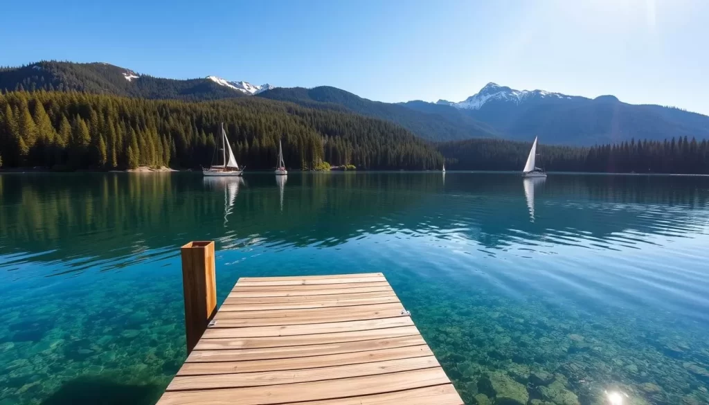 Serene Coeur d'Alene Lake nestled in the lush, verdant forests of northern Idaho. Crystalline waters reflect the rugged, snow-capped Bitterroot Mountains in the distance. A wooden dock juts out into the calm, mirror-like surface, inviting visitors to gaze upon the picturesque scenery. Bright sunlight filters through the swaying pine trees, casting a warm, golden glow across the tranquil landscape. Sailboats gracefully glide across the shimmering lake, their white sails billowing in the gentle breeze. This idyllic, peaceful setting evokes a sense of serenity and natural beauty, perfectly capturing the essence of Idaho's lake paradise.