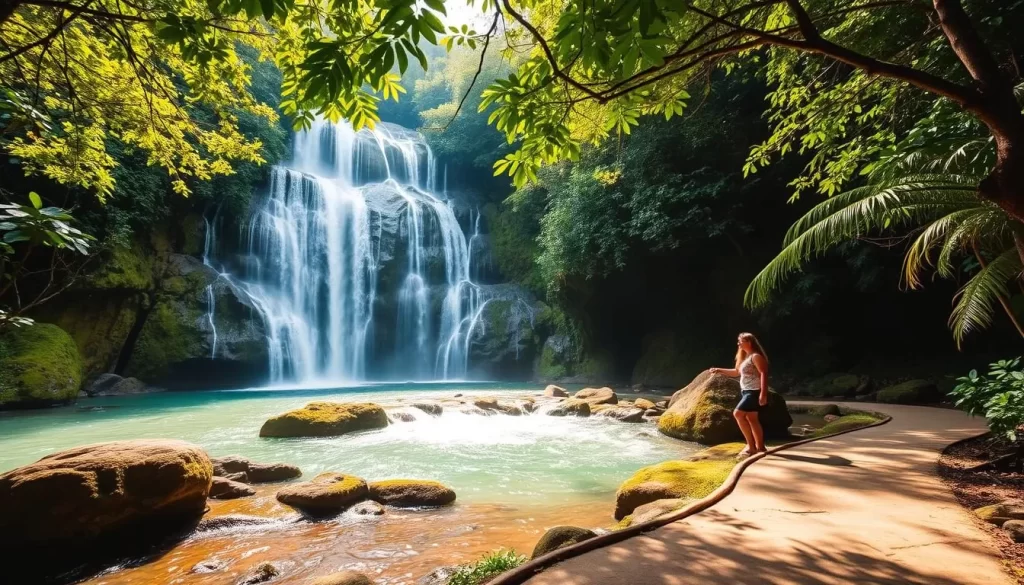 Serene Pai Waterfalls: A Lush Tropical Oasis Towering cascades cascading over mossy rocks, surrounded by a verdant forest canopy. Warm sunlight filters through the leaves, casting a golden glow on the crystal clear pools below. In the foreground, a winding path leads visitors towards the enchanting scene, inviting exploration. The soothing sound of rushing water echoes through the tranquil atmosphere, creating a peaceful, rejuvenating ambiance. Capture the essence of Pai's natural wonder, a picturesque haven perfect for travelers seeking a moment of refreshing solace.
