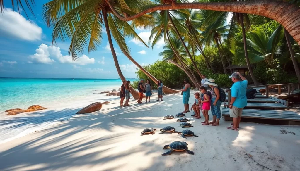 Serene Pom Pom Island, Malaysia, home to a vibrant turtle conservation program. Crystal blue waters lap against a pristine sandy beach, dotted with swaying palm trees. In the foreground, a group of visitors carefully observe baby sea turtles hatching and making their perilous journey to the ocean, guided by dedicated conservationists. The midground showcases a picturesque wooden boardwalk, leading to a research station nestled amid lush tropical foliage. Warm natural lighting filters through the canopy, creating a peaceful, immersive atmosphere. Capture the wonder of this crucial conservation effort, where visitors can connect with nature and learn about protecting these magnificent marine creatures.