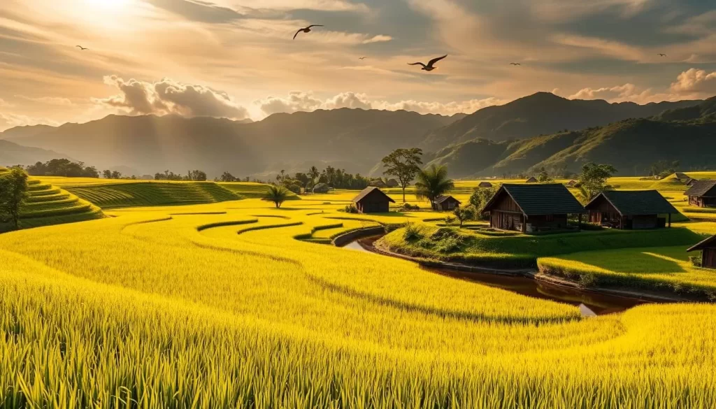 Serene Sekinchan rice fields bathed in warm golden sunlight, undulating waves of lush green paddies stretching towards the horizon. Majestic mountains rise in the distance, their peaks shrouded in wispy clouds. Quaint traditional wooden houses dot the landscape, their roofs mirrored in the still waters of the irrigation canals. Birds soar gracefully above, their calls echoing across the tranquil scene. A gentle breeze rustles the swaying stalks, creating a mesmerizing dance of light and shadow. The scene exudes a sense of peaceful harmony, inviting the viewer to pause and soak in the serene beauty of this picturesque Malaysian countryside.