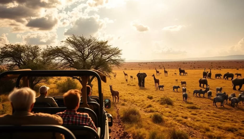 Serene Tsavo National Park Safari Experience: A lush, sun-dappled savanna stretches across the horizon, dotted with towering acacia trees and meandering herds of elephants, giraffes, and zebras. In the foreground, a open-air safari vehicle navigates the rugged terrain, its passengers awestruck by the majestic wildlife surrounding them. Warm, golden light filters through wispy clouds, casting a soft, magical glow over the scene. The air is crisp and fresh, infused with the earthy scents of the African bush. This immersive, cinematic tableau captures the essence of an unforgettable Tsavo National Park safari adventure.