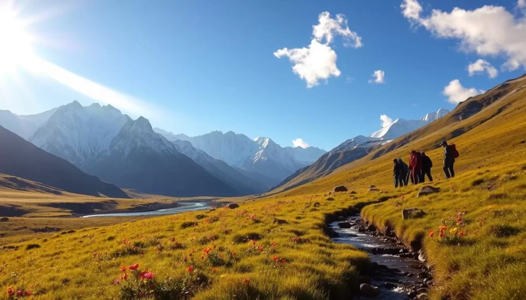 Serene alpine landscape in Tajikistan, with majestic snow-capped peaks rising against a clear blue sky. In the foreground, a lush meadow dotted with vibrant wildflowers sways gently in a soft breeze. A crystal-clear mountain stream winds its way through the valley, its waters reflecting the surrounding beauty. Warm, golden sunlight filters through wispy clouds, casting a peaceful glow over the scene. A group of hikers or trekkers pause to take in the breathtaking panorama, their figures silhouetted against the dramatic backdrop. Convey a sense of serene tranquility and the allure of Tajikistan's natural wonders at their finest.