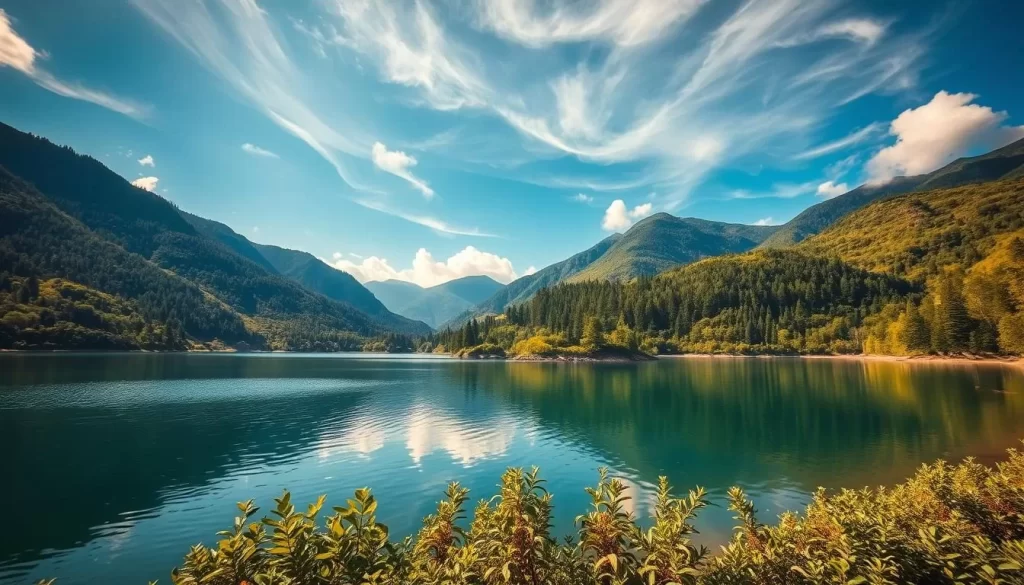 Serene and ethereal landscape of Yedigöller National Park, Turkey. Seven crystal-clear lakes nestled amidst towering pine-covered hills, bathed in warm golden sunlight filtering through wispy clouds. Lush green foliage lines the shores, reflections of the lakes dancing on the calm, still waters. A tranquil, idyllic scene, inviting visitors to engage in peaceful water activities like kayaking, swimming, or simply admiring the natural beauty. Photographed with a wide-angle lens to capture the expansive, picturesque setting in all its glory.