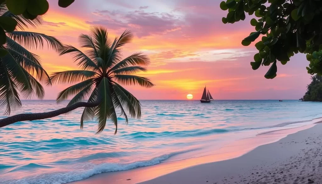 Serene beach in Zanzibar, Tanzania during the dry season. Turquoise waters of the Indian Ocean gently lapping against the soft, white sand. Coconut palm trees swaying in the warm breeze, casting dappled shadows. In the distance, a traditional dhow sailboat glides across the horizon. Vibrant orange and pink hues paint the sky as the sun sets, creating a breathtaking natural spectacle. Lush, verdant foliage frames the scene, hinting at the island's lush tropical interior. Capture the tranquil, idyllic mood of the best time to visit Zanzibar.