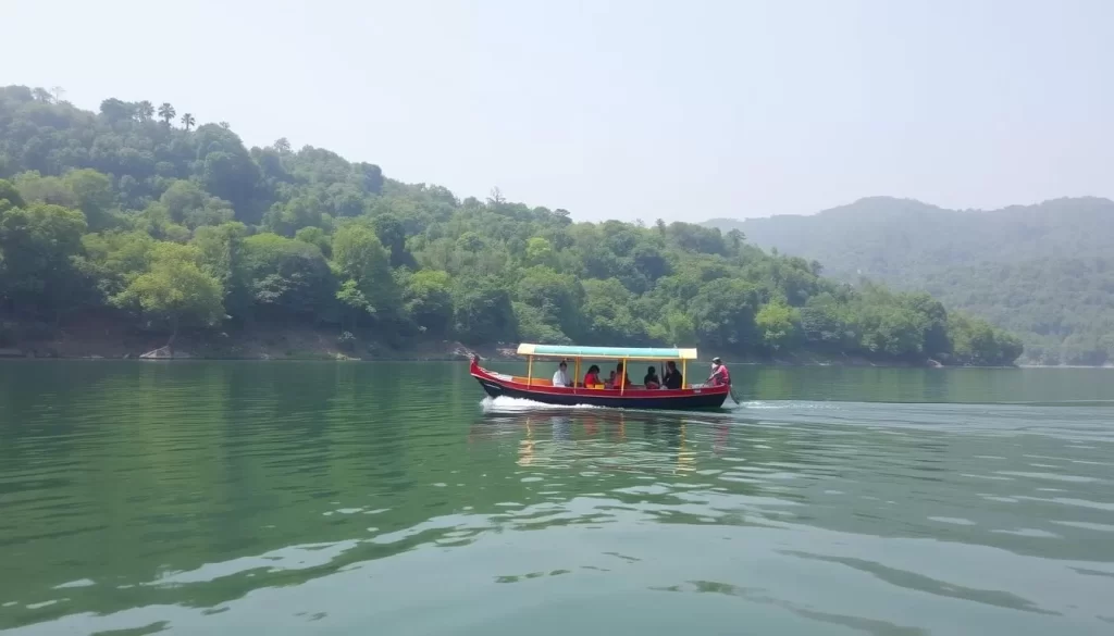 Serene boating experience on Mussoorie Lake surrounded by lush greenery