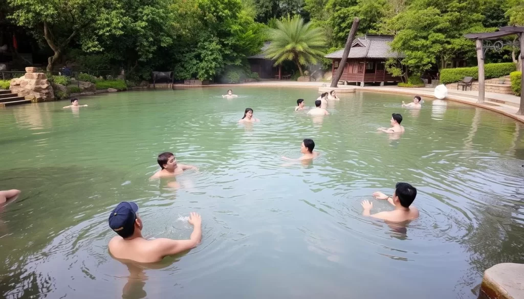 Serene hot spring scene in Jiaoxi with people relaxing in warm waters