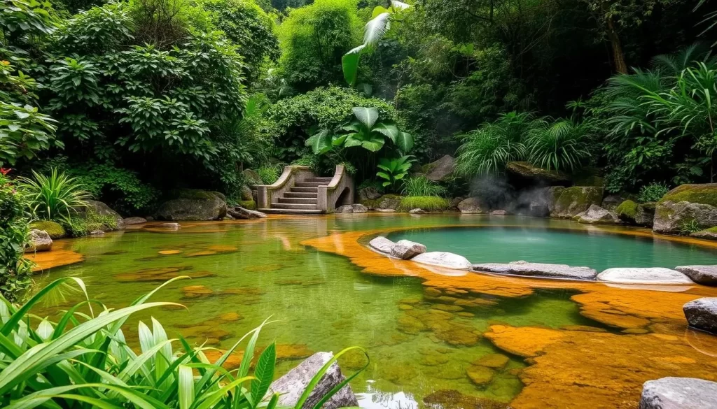 Serene natural hot springs surrounded by lush greenery