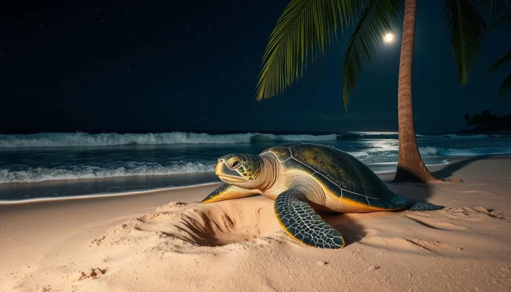 Serene night on a tropical beach. A large green sea turtle carefully digging a nest in the soft sand, meticulously preparing a cozy spot to lay her clutch of eggs. Gentle waves roll in, casting a calming rhythm. The sky is a deep navy blue, dotted with twinkling stars. Warm moonlight filters through the palm fronds, casting a dreamy glow over the scene. The turtle's flippers move gracefully, carving out the nest with practiced precision. Peaceful tranquility envelops the moment, as nature's miracle unfolds.
