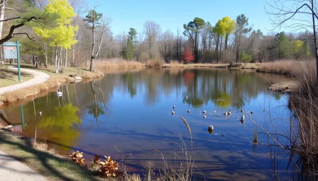 Serene pond at Meshanticut State Park with walking trail and local wildlife