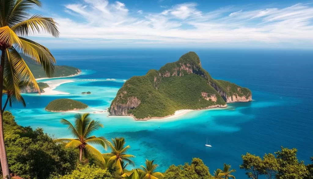 Serene tropical islands dotting the azure waters of the Andaman Sea, lush with swaying palms and sun-dappled coasts. Capture the peaceful solitude of these lesser-known gems, their pristine beaches and verdant interiors untouched by mass tourism. Frame the scene with dramatic cliffs rising from the sea, their jagged silhouettes casting dramatic shadows. Utilize a wide-angle lens to convey the expansive, picturesque landscapes, bathed in warm, golden sunlight and complemented by wispy cirrus clouds drifting overhead. Infuse the scene with a sense of tranquility and natural wonder, inviting the viewer to imagine themselves exploring these hidden island paradises.