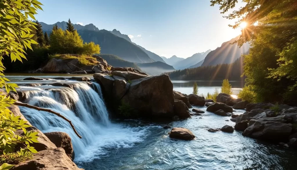 Serene waterfall cascades tumbling over rugged rocks, framed by lush, verdant foliage in the foreground. The sun casts a warm, golden glow, illuminating the cascading water and creating a tranquil, idyllic scene. In the middle ground, a picturesque alpine lake reflects the surrounding mountains and forests, while in the background, towering peaks rise majestically, adding to the breathtaking natural beauty. Capture the essence of Zell am See's stunning waterfalls, showcasing the region's picturesque landscapes and serene atmosphere.