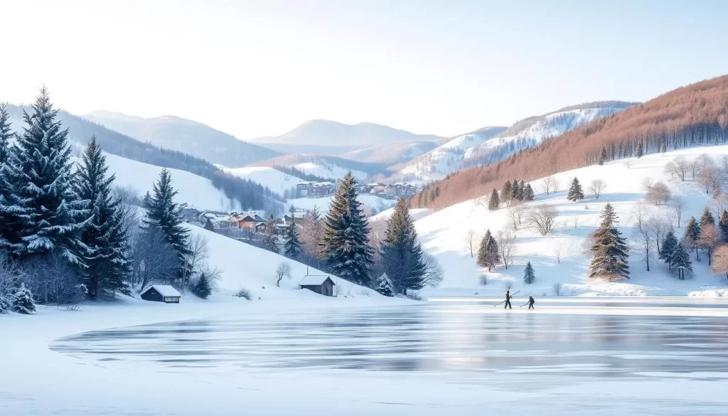 Serene winter landscape in Gangwon Province, South Korea, bathed in soft natural lighting. Rolling hills blanketed in pristine snow, towering evergreen trees adorned with icicles. In the distance, a picturesque village nestled between mountains, its rooftops dusted with a gentle layer of snow. A frozen lake reflects the tranquil scene, its surface dotted with ice fishermen. The atmosphere is crisp and peaceful, inviting viewers to experience the tranquil beauty of this winter wonderland.
