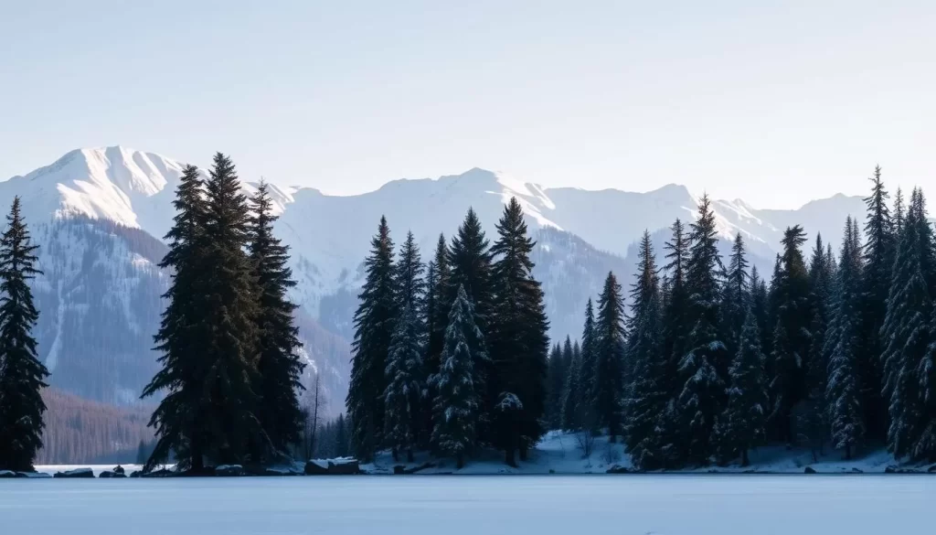 Serene winter landscape in Olympic National Park, Washington. Majestic snow-capped peaks rise in the distance, their slopes blanketed in pristine white. In the foreground, a frozen lake reflects the crisp, clear sky, its surface dotted with the delicate lace of ice crystals. Tall, evergreen trees line the shore, their branches heavy with fresh snowfall. The scene is bathed in soft, natural lighting, casting a peaceful, tranquil atmosphere. Capture the beauty and tranquility of this iconic Pacific Northwest destination in its winter glory.
